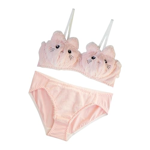 Frauen Plüsch BH Slip Set Lustige Katzen BH Set Set Cartoon Plüsch Unterwäsche Weiche Schöne Studentische Mädchen Dessous Geschenke von DOSERTY