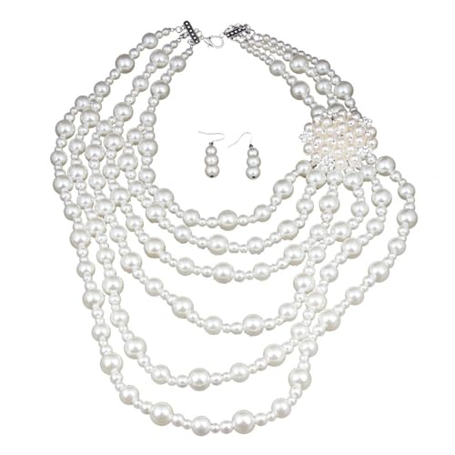 Mehrschichtige Imitationsperlen Halskette Perlen Tropfen Ohrringe Set Stilvolle Perlen Schmuckset Geeignet für besondere Anlässe Elegantes Event-Zubehör, Einheitsgröße, Wie beschrieben, Wie von DOSERTY