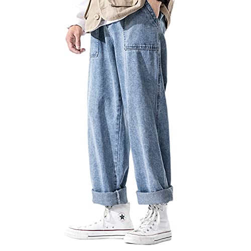 DOSLAVIDA Herren-Arbeitsjeans, lässig, Hip-Hop-Cargo-Hose, einfarbig, lockere Passform, gerade, weites Bein, Baumwoll-Denim-Hose mit Reißverschluss, B-Blau, Groß von DOSLAVIDA