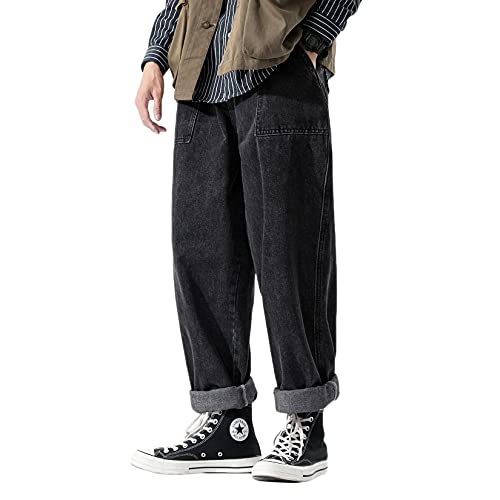 DOSLAVIDA Herren-Arbeitsjeans, lässig, Hip-Hop-Cargo-Hose, einfarbig, lockere Passform, gerade, weites Bein, Baumwoll-Denim-Hose mit Reißverschluss, B-schwarz, Mittel von DOSLAVIDA