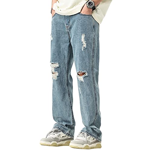 DOSLAVIDA Herren Baggy Jeans Loose Fit Ripped Distressed Jeans Relaxed Skateboard Denim Hose mit Löchern, Blau1, Groß von DOSLAVIDA