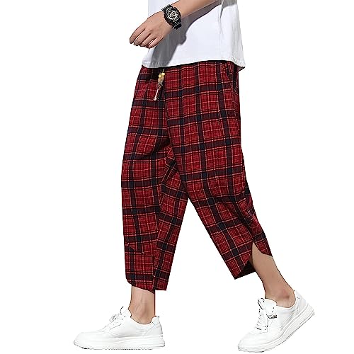 DOSLAVIDA Herren Casual Elastische Taille Leinen Capri Hose Weites Bein Baggy Baumwolle Harem Yoga Hose Lose Patchwork Shorts - Rot - 3X-Groß von DOSLAVIDA