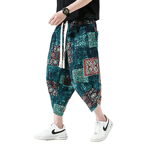 DOSLAVIDA Herren Casual Elastische Taille Leinen Caprihose Weit Bein Baggy Baumwolle Harem Yoga Hose Lose Patchwork Shorts, B-Blau, Groß von DOSLAVIDA