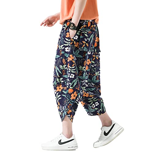 DOSLAVIDA Herren Casual Elastische Taille Leinen Caprihose Weites Bein Baggy Baumwolle Harem Yoga Hose Lose Patchwork Shorts, B-black2, 3X-Groß von DOSLAVIDA