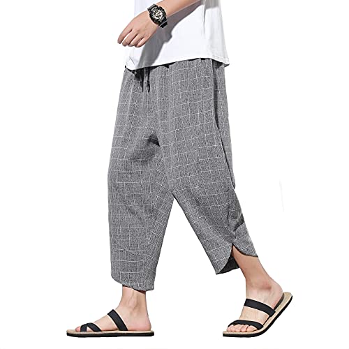 DOSLAVIDA Herren Casual Elastische Taille Leinen Caprihose Weites Bein Baggy Baumwolle Harem Yoga Hose Lose Patchwork Shorts, Plaid-grau, 3X-Groß von DOSLAVIDA