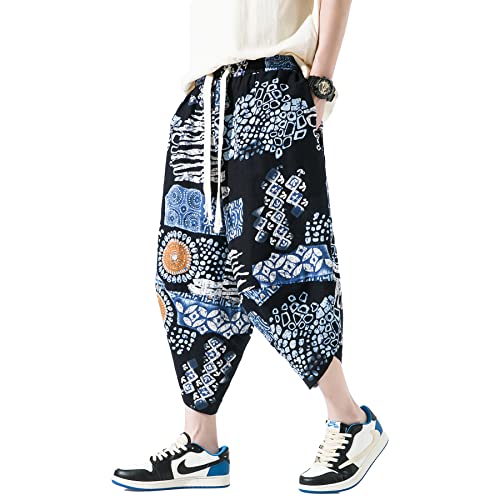 DOSLAVIDA Herren Casual Elastische Taille Leinen Caprihose Weites Bein Baggy Baumwolle Harem Yoga Hosen Lose Patchwork Shorts, B-black3, 3X-Groß von DOSLAVIDA