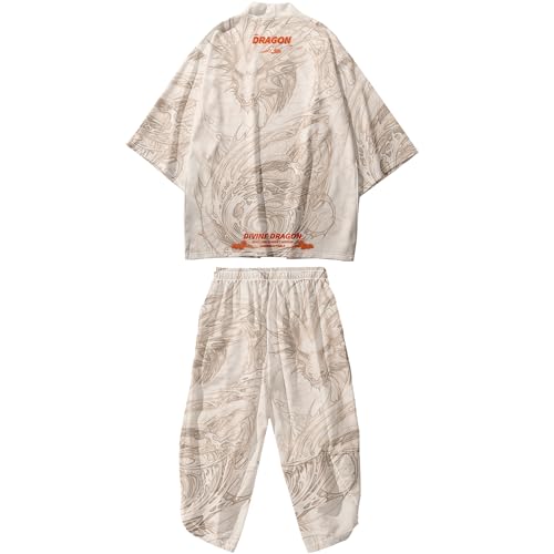 DOSLAVIDA Japanisches Kimono-Jacken-Set für Herren, stilvoller Mantel mit offener Vorderseite, mit Shorts, chinesischer Stil, bedruckte Strickjacke von DOSLAVIDA