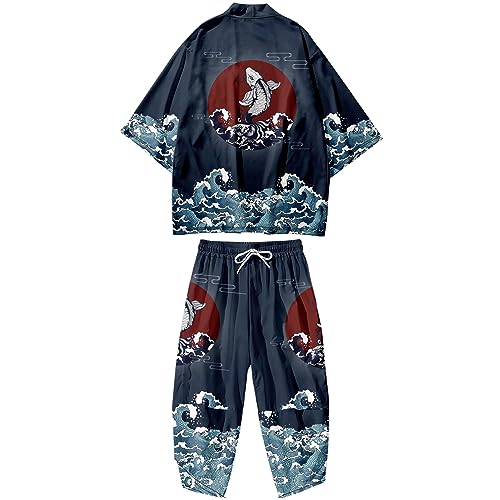 DOSLAVIDA Herren Japanische Kimono Jacke Set Stilvolle Offene Front Mantel Mit Shorts Chinesischen Stil Gedruckt Cardigan Anzüge, Hose-navy 01, Large von DOSLAVIDA
