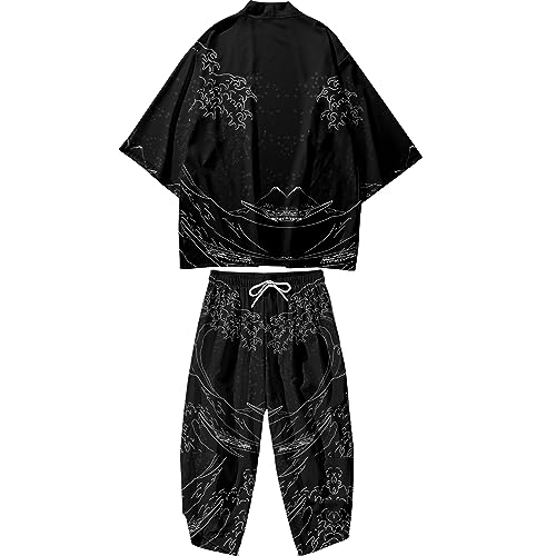 DOSLAVIDA Herren Japanische Kimono Jacke Set Stilvolle Offene Front Mantel Mit Shorts Chinesischen Stil Gedruckt Cardigan Anzüge, Hosen-schwarz 15, Medium von DOSLAVIDA