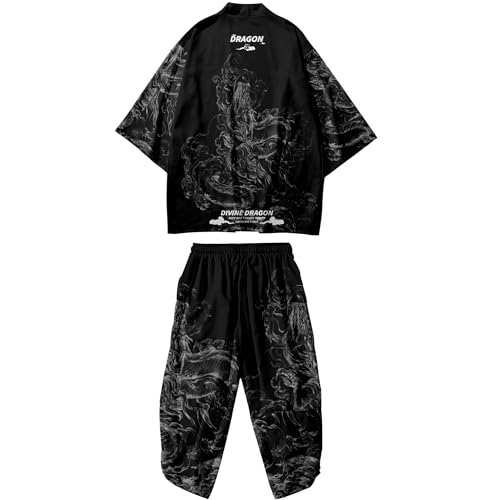 DOSLAVIDA Herren Japanische Kimono Jacke Set Stilvolle Offene Front Mantel Mit Shorts Chinesischen Stil Gedruckt Cardigan Anzüge, Hosen-schwarz 17, Medium von DOSLAVIDA