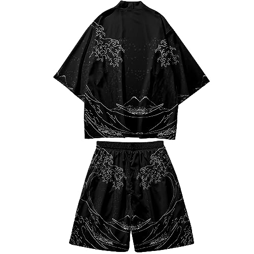 DOSLAVIDA Herren Japanische Kimono Jacke Set Stilvolle Offene Front Mantel Mit Shorts Chinesischen Stil Gedruckt Cardigan Anzüge, Shorts-schwarz 15, X-Large von DOSLAVIDA