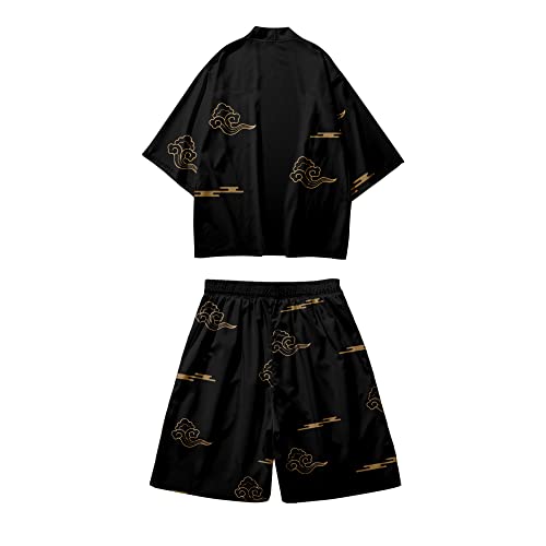 DOSLAVIDA Herren Japanische Kimono Jacke Set Stilvolle Offene Front Mantel Mit Shorts Chinesischen Stil Gedruckt Cardigan Anzüge, Shorts-schwarz 40, Medium von DOSLAVIDA