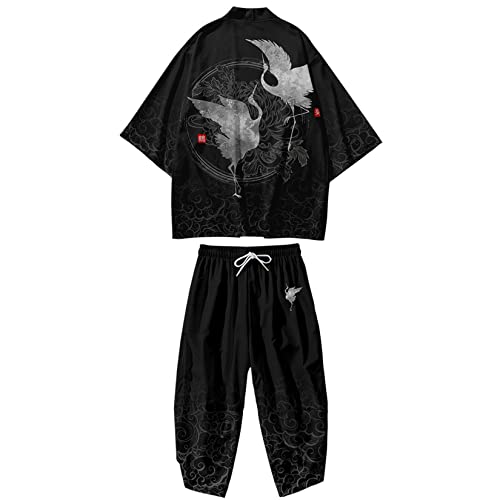 DOSLAVIDA Herren Japanische Kimono Jacke Set Stilvolle Offene Vorderseite Mantel Mit Shorts Chinesischen Stil Gedruckt Cardigan Anzüge, Hose-Schwarz 2, Medium von DOSLAVIDA