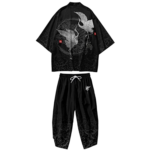 DOSLAVIDA Herren Japanische Kimono Jacke Set Stilvolle Offene Vorderseite Mantel Mit Shorts Chinesischen Stil Gedruckt Cardigan Anzüge, Hose-Schwarz 2, X-Large von DOSLAVIDA