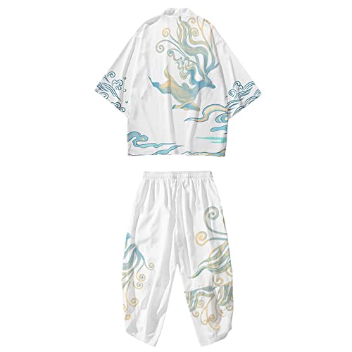 DOSLAVIDA Herren Japanische Kimono Jacke Set Stilvolle Offene Vorderseite Mantel Mit Shorts Chinesischen Stil Gedruckt Cardigan Anzüge, Hose- weiß 3, XX-Large von DOSLAVIDA