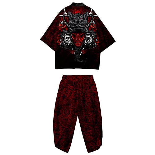 DOSLAVIDA Herren Japanische Kimono Jacke Set Stilvolle Offene Vorderseite Mantel Mit Shorts Chinesischen Stil Gedruckt Cardigan Anzüge, Hosen-Schwarz 8, X-Large von DOSLAVIDA