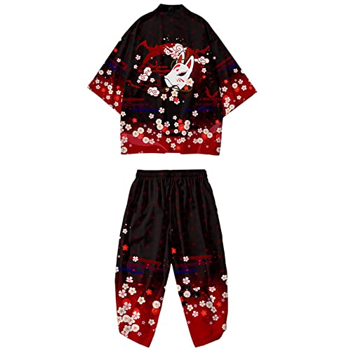 DOSLAVIDA Herren Japanische Kimono Jacke Set Stilvolle Offene Vorderseite Mantel Mit Shorts Chinesischen Stil Gedruckt Cardigan Anzüge, Hosen-schwarz 3, Medium von DOSLAVIDA