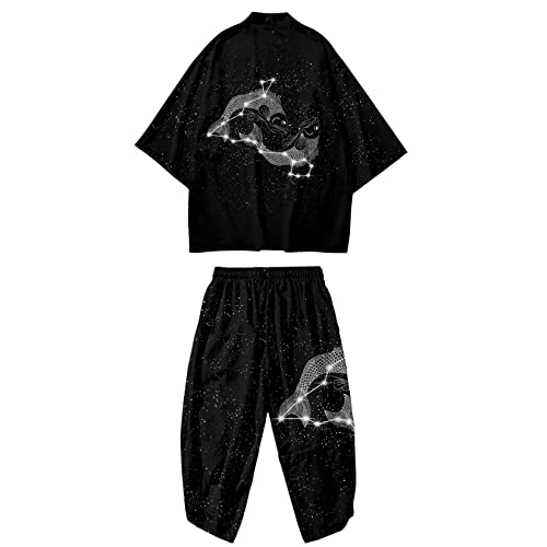DOSLAVIDA Herren Japanische Kimono Jacke Set Stilvolle Offene Vorderseite Mantel Mit Shorts Chinesischen Stil Gedruckt Cardigan Anzüge, Hosen-schwarz 4, XX-Large von DOSLAVIDA