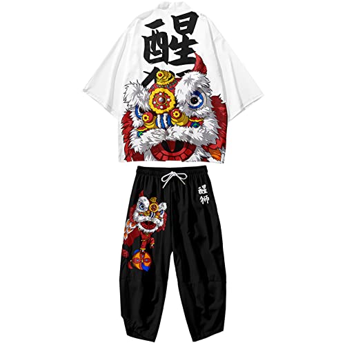 DOSLAVIDA Herren Japanische Kimono Jacke Set Stilvolle Offene Vorderseite Mantel Mit Shorts Chinesischen Stil Gedruckt Cardigan Anzüge, Hosen-weiß 4, Large von DOSLAVIDA