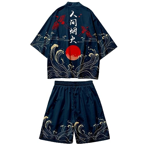 DOSLAVIDA Herren Japanische Kimono Jacke Set Stilvolle Offene Vorderseite Mantel Mit Shorts Chinesischen Stil Gedruckt Cardigan Anzüge, Shorts-blue, XXX-Large von DOSLAVIDA