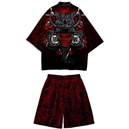 DOSLAVIDA Herren Japanische Kimono Jacke Set Stilvolle Offene Vorderseite Mantel Mit Shorts Chinesischen Stil Gedruckt Cardigan Anzüge, Shorts-schwarz 8, Large von DOSLAVIDA