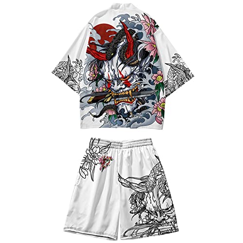 DOSLAVIDA Herren Japanische Kimono Jacke Set Stilvolle Offene Vorderseite Mantel Mit Shorts Chinesischen Stil Gedruckt Cardigan Anzüge, Shorts-weiß 1, Large von DOSLAVIDA