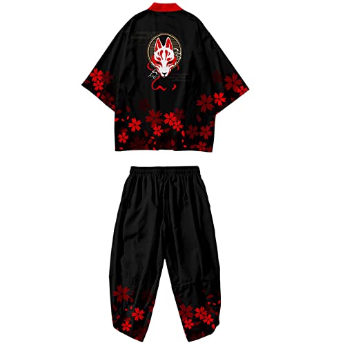 DOSLAVIDA Herren Japanische Kimono Jacke Set Stilvolle Open Front Mantel mit Shorts Chinesischer Stil Bedruckte Cardigan Anzüge, Hosen-schwarz 9, X-Large von DOSLAVIDA