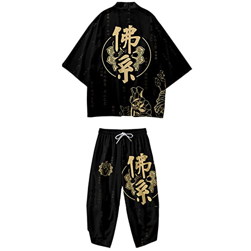 DOSLAVIDA Herren Japanische Kimono Jacke Set Stilvolle Open Front Mantel mit Shorts Chinesischer Stil Bedruckte Cardigan Anzüge, Pants-black 10, Large von DOSLAVIDA