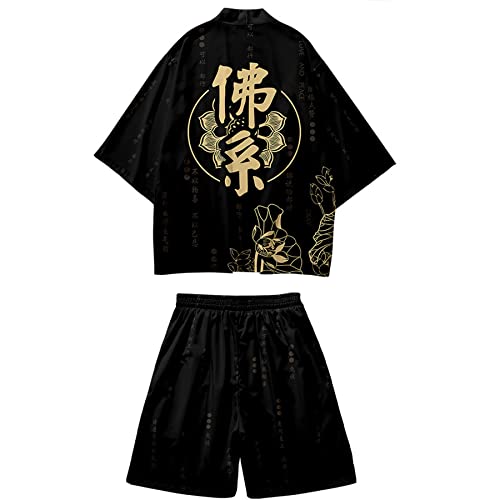 DOSLAVIDA Herren Japanische Kimono Jacke Set Stilvolle Open Front Mantel mit Shorts Chinesischer Stil Bedruckte Cardigan Anzüge, Shorts-black 10, Large von DOSLAVIDA