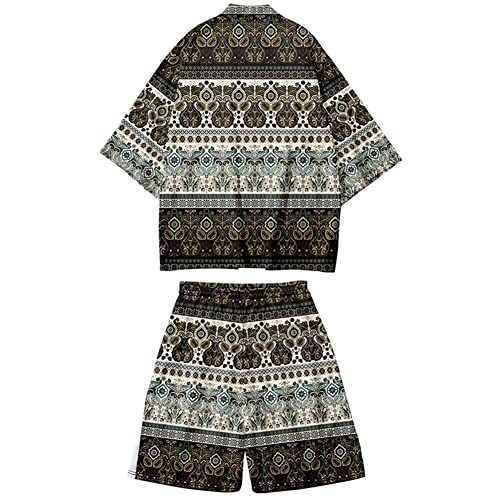 DOSLAVIDA Herren Japanische Kimono Jacke Set Stilvolle Open Front Mantel mit Shorts Chinesischer Stil Bedruckte Cardigan Anzüge, Shorts-green2, X-Large von DOSLAVIDA