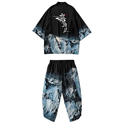DOSLAVIDA Herren Japanischer Kimono Cardigan Anzug Chinesischer Stil Gedruckt Jacke Hosen Set Open Front Sieben Ärmel Top & Shorts, Style 1-schwarz, 5X-Large von DOSLAVIDA