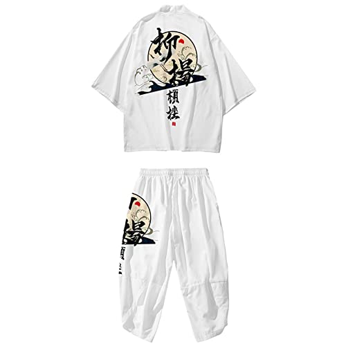DOSLAVIDA Herren Japanischer Kimono Cardigan Anzug Chinesischer Stil Gedruckt Jacke Hosen Set Open Front Sieben Ärmel Top & Shorts, Style 3-weiß, Medium von DOSLAVIDA