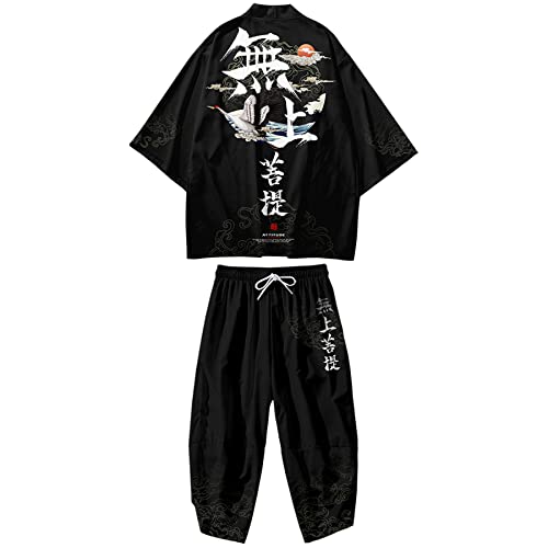 DOSLAVIDA Herren Japanischer Stil Kimono Sets Leichte Open Front Cardigan Anzüge Chinese Style 3/4 Ärmel Tops & Shorts, Stil 8-schwarz1, Large von DOSLAVIDA