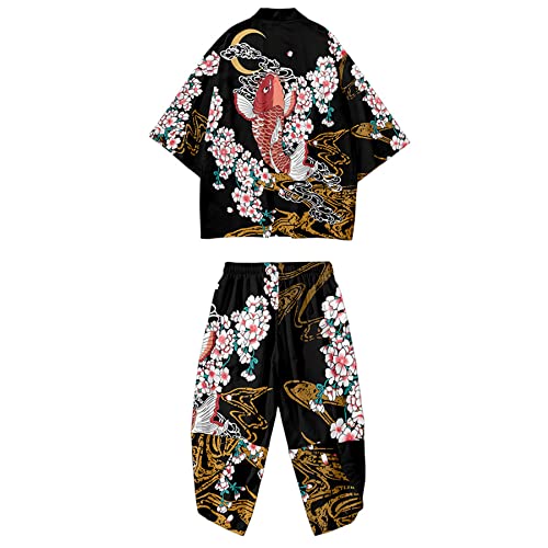 DOSLAVIDA Herren Japanischer Stil Kimono Sets Leichte Open Front Cardigan Anzüge Chinese Style 3/4 Ärmel Tops & Shorts, Style 10-black, X-Large von DOSLAVIDA