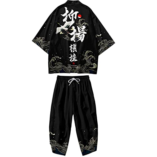 DOSLAVIDA Herren Japanischer Stil Kimono Sets Leichte Open Front Cardigan Anzüge Chinese Style 3/4 Ärmel Tops & Shorts, Style 3-schwarz, XX-Large von DOSLAVIDA