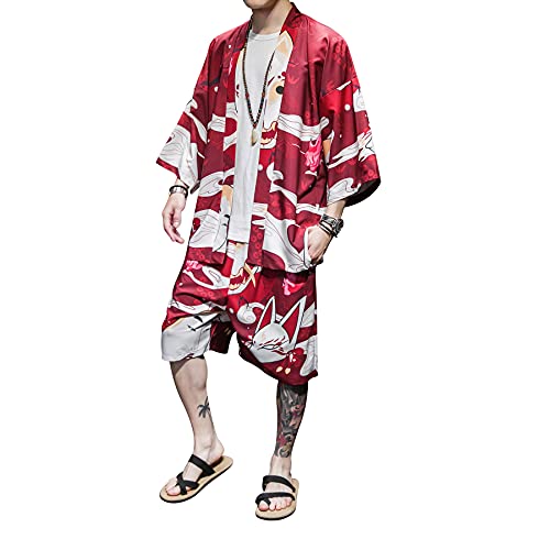 DOSLAVIDA Herren Kimono Cardigan Anzüge Japanischer Stil Sieben Ärmel Jacken Shorts Vorne Offen Yukata Tops Hosen Set, rot, Large von DOSLAVIDA