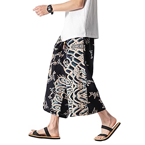 DOSLAVIDA Herren Leinen Harem Capri Pants Loose Fit Yoga Beach Shorts Elastische Taille Weites Bein Baggy Cropped Hose, B-black1, Mittel von DOSLAVIDA