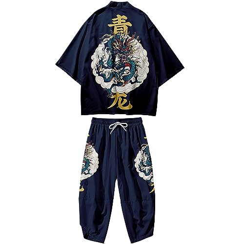 DOSLAVIDA Japanischer Kimono-Cardigan-Anzug, chinesischer Stil, bedruckte Jacke, Hose, Set vorne offen, sieben Ärmel, Oberteil und Shorts, Stil 19-Marineblau, XX-Large von DOSLAVIDA