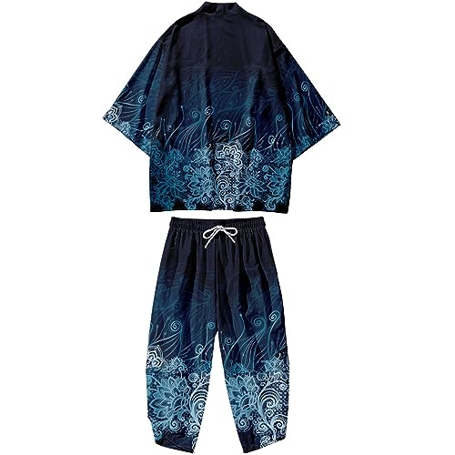 DOSLAVIDA Japanischer Kimono-Cardigan-Anzug, chinesischer Stil, bedruckte Jacke, Hose, Set vorne offen, sieben Ärmel, Oberteil und Shorts, Stil 21 - blau, Medium von DOSLAVIDA