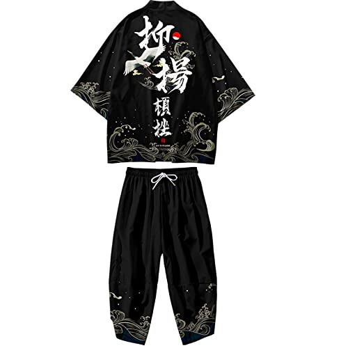 DOSLAVIDA Japanischer Kimono-Strickjacke für Herren, chinesischer Stil, bedruckte Jacke, Hosen-Set, offene Vorderseite, sieben Ärmel, Oberteil und Shorts, Style 3-schwarz, X-Large von DOSLAVIDA