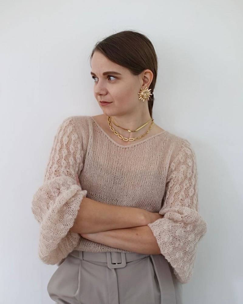 Handgestrickter Mohair Pullover Ballon Ärmel, Durchsichtig Kleidung von DOSSOVAwear