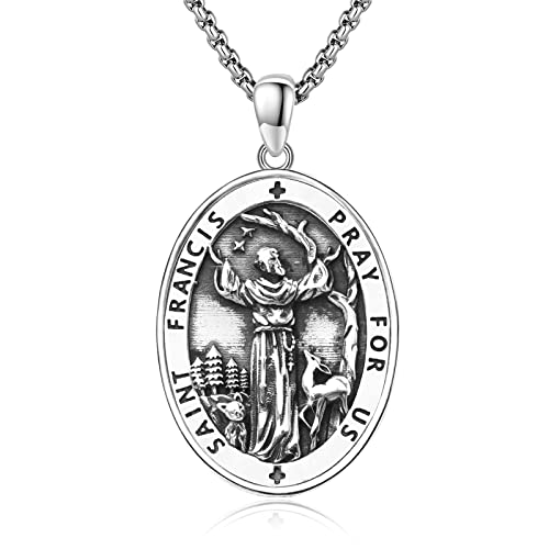 DOTBJ 925 Sterling Silber St. Franziskus von Assisi Anhänger Halskette, Katholische Schutzpatron St. Franziskus Medaille Schmuck für Herren und Damen mit stabiler Edelstahl 56 cm + 5 cm Rolo Kette. von DOTBJ