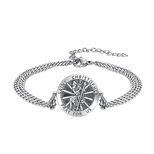 DOTBJ 925 Sterling Silber Saint Christopher Armband, katholischer Schutzpatron St. Christopher Armband Geschenk für Herren Damen mit kubanischer Kette 18+5 cm. von DOTBJ