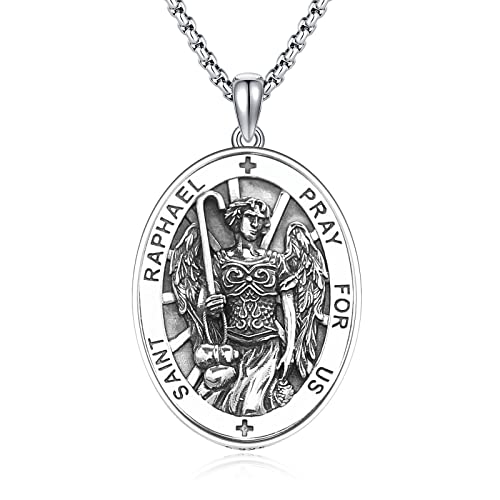 DOTBJ 925 Sterling Silber Saint Raphael Anhänger Halskette, Katholisches Schutzpatron St. Raphael Medaillon Geschenk für Herren und Damen mit stabiler Edelstahl 56 cm + 5 cm Rolo Kette. von DOTBJ