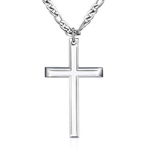 DOTBJ 925er Sterling Silber Kreuz Anhänger für Herren mit 3 mm Mit Figarokette aus Edelstahl, Kreuzkette 55 + 5 cm. (Silber-2) von DOTBJ