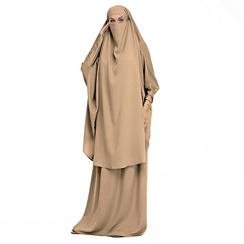 DOTBUY-SHOP Muslimisches Kleid Damen Einfarbig Zweiteiliger Muslim Lange Robe mit Hijab Naher Osten Dubai Arab Islamischer Ramadan Sommerkleid Gebetskleidung Abaya für Frauen von DOTBUY-SHOP