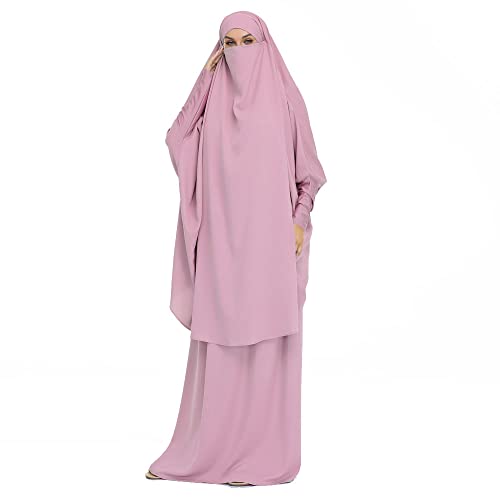DOTBUY-SHOP Muslimisches Kleid Damen Einfarbig Zweiteiliger Muslim Lange Robe mit Hijab Naher Osten Dubai Arab Islamischer Ramadan Sommerkleid Gebetskleidung Abaya für Frauen von DOTBUY-SHOP