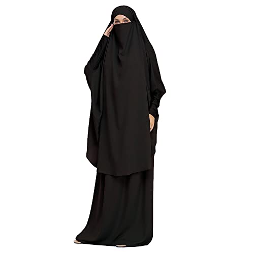 DOTBUY-SHOP Muslimisches Kleid Damen Einfarbig Zweiteiliger Muslim Lange Robe mit Hijab Naher Osten Dubai Arab Islamischer Ramadan Sommerkleid Gebetskleidung Abaya für Frauen von DOTBUY-SHOP