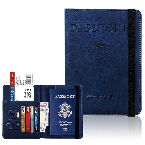 DOTBUY-SHOP Reisepasshülle Damen Männer, Reisepass Organizer Mit RFID-Blocker Tragbarkeit Passport Cover für Kreditkarten, Ausweis und Reisedokumente (Dunkelblau,15x11cm) von DOTBUY-SHOP