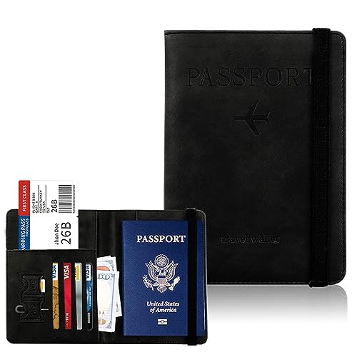 DOTBUY-SHOP Reisepasshülle Damen Männer, Reisepass Organizer Mit RFID-Blocker Tragbarkeit Passport Cover für Kreditkarten, Ausweis und Reisedokumente (Schwarz,15x11cm) von DOTBUY-SHOP